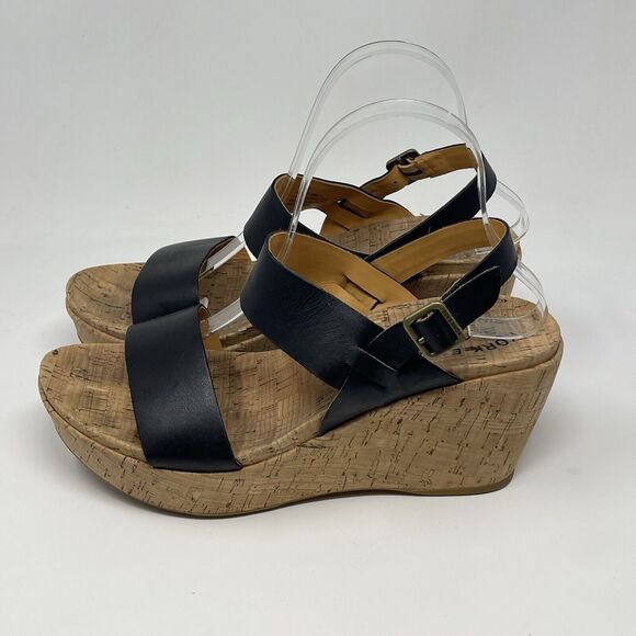 Kork Ease Austin Cork Wedge Sandals Womens 10 M Black Leather Ankle Strap Buckle - Picture 2 of 16